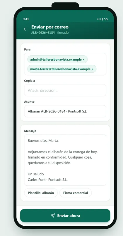 App de ventas GestioERP · Envío por correo